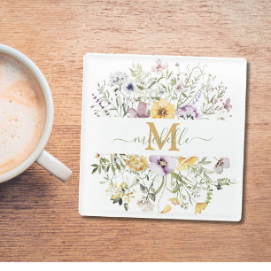 Elegant Monogram Colourful Wildflower Garden Flora Glass Coaster