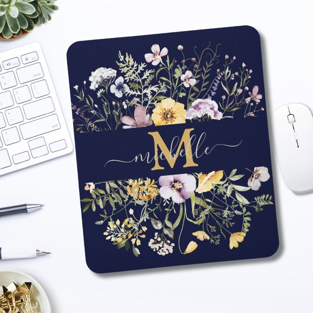 Elegant Monogram Colourful Wildflower Garden Flora Mouse Mat (In situ)
