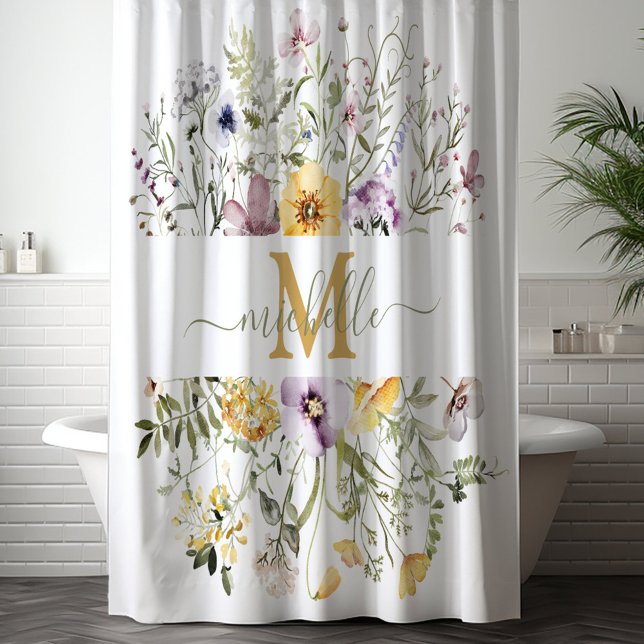 Elegant Monogram Colourful Wildflower Garden Flora Shower Curtain (In situ)