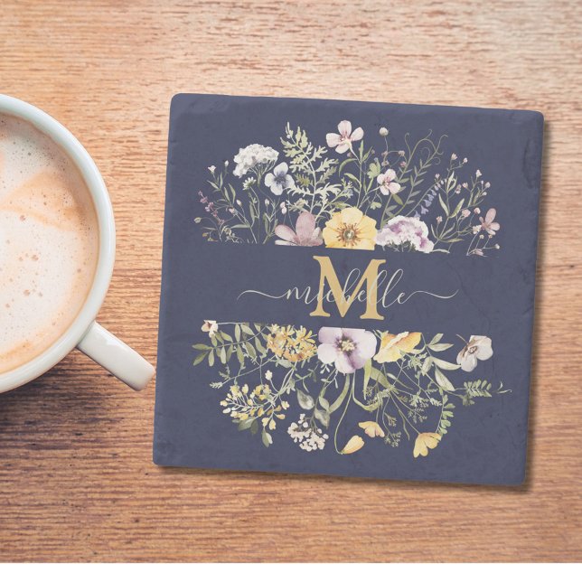 Elegant Monogram Colourful Wildflower Garden Flora Stone Coaster (In situ)