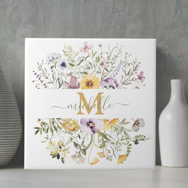 Elegant Monogram Colourful Wildflower Garden Flora Tile (Close up)