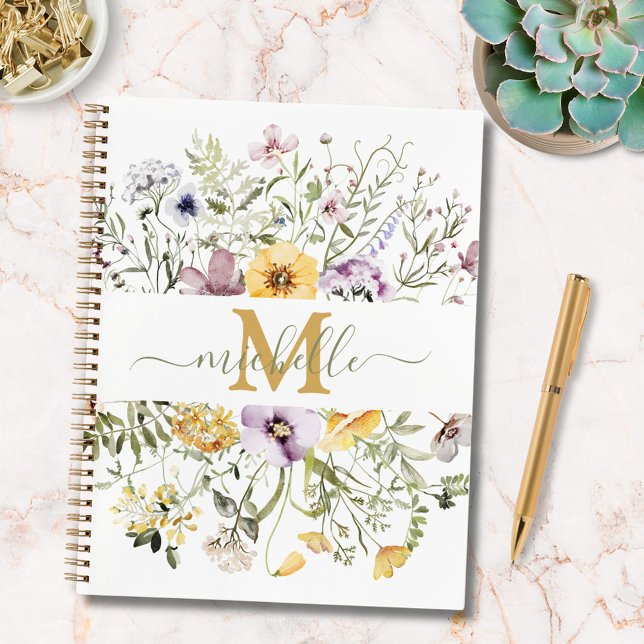 Elegant Monogram Colourful Wildflower To Do List Notebook (In situ)