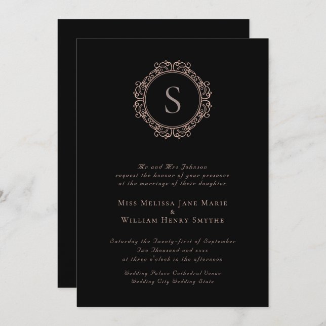 Elegant Monogram Copper Blush Black Wedding Invitation (Front/Back)