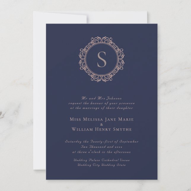 Elegant Monogram Copper Blush Navy Wedding Invitation (Front)