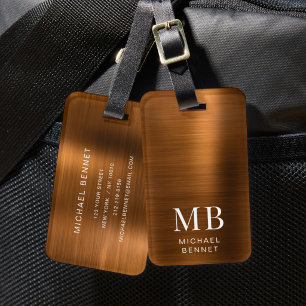 Elegant Monogram Copper Brown Brushed Metallic  Luggage Tag