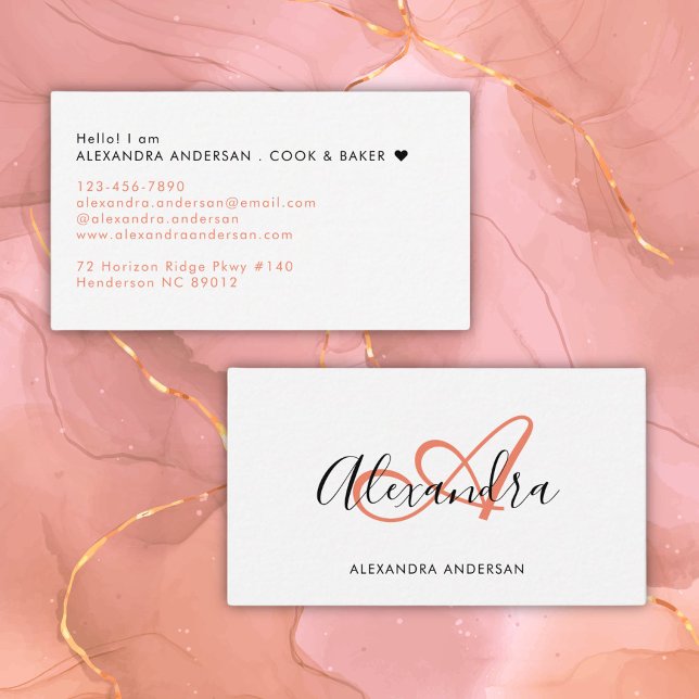 Elegant Monogram Coral Pink Black Script Name Business Card (Elegant Monogram Coral Pink Black Script Name Business Card)