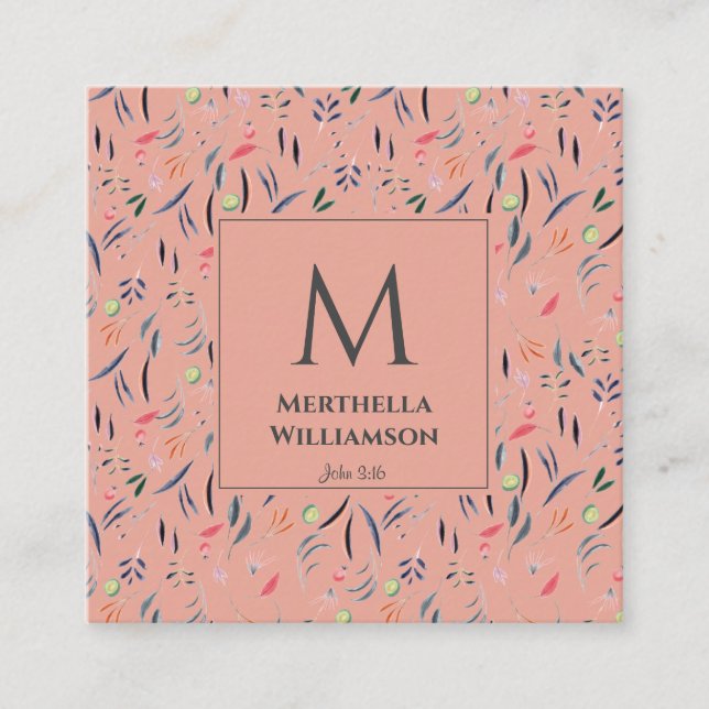 Elegant MONOGRAM Coral Pink Floral Square Business Card (Front)