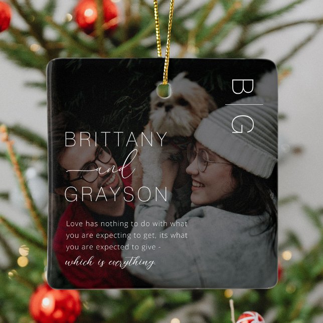 Elegant Monogram Couple Photo Christmas Ceramic Or Ceramic Ornament (Creator Uploaded)