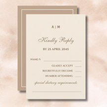 Elegant Monogram Cream Taupe Wedding RSVP Card