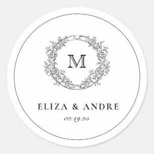 Elegant Monogram Crest Black and White Wedding Cl Classic Round Sticker
