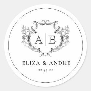 Elegant Monogram Crest Black and White Wedding Classic Round Sticker