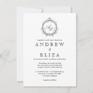 Elegant Monogram Crest Black and White Wedding Invitation