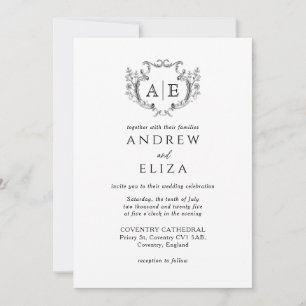 Elegant Monogram Crest Black and White Wedding  Invitation