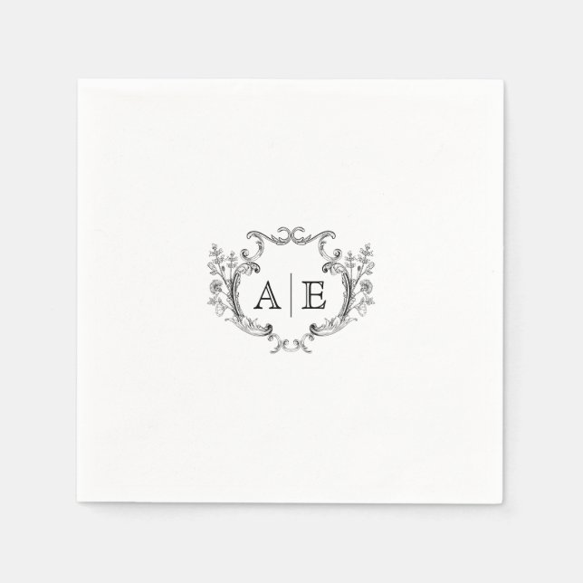 Elegant Monogram Crest Black and White Wedding  Napkin (Front)