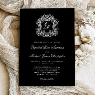 Elegant Monogram Crest Black Wedding Invitation