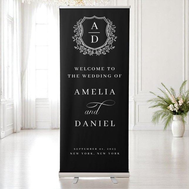 Elegant Monogram Crest Black Wedding Welcome Retractable Banner (Creator Uploaded)