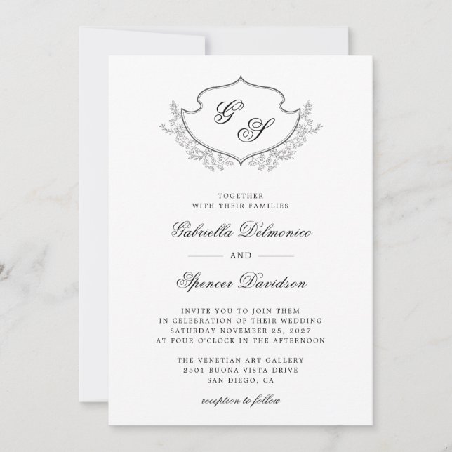Elegant Monogram Crest Black White Wedding Invitation (Front)