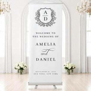 Elegant Monogram Crest Black White Wedding Welcome Retractable Banner