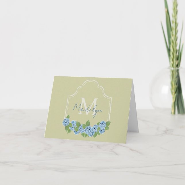 Elegant Monogram Crest Blue Hydrangea Note Card (Front)