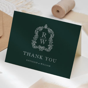 Elegant Monogram Crest Forest Green Wedding Thank You Card