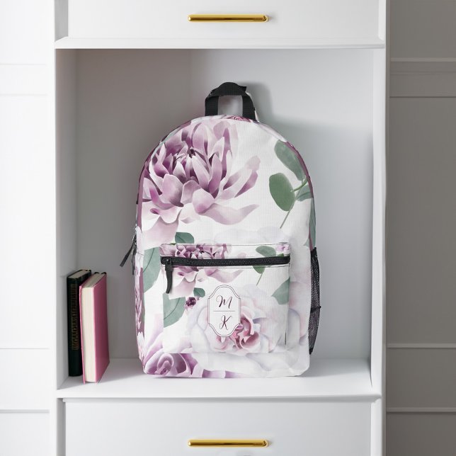 Elegant Monogram Crest Lavender Watercolor Florals Printed Backpack (Elegant Monogram Crest Lavender Watercolor Florals Printed Backpack)