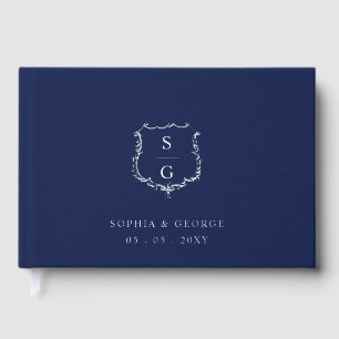 Elegant Monogram Crest Navy and Silver Wedding Guest Book