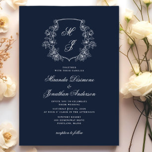 Elegant Monogram Crest Navy Blue Wedding Invitation