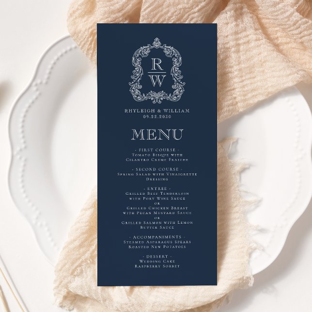 Elegant Monogram Crest Navy Blue Wedding Menu (Creator Uploaded)