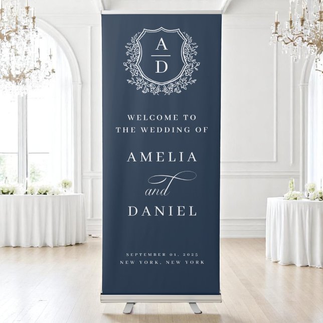 Elegant Monogram Crest Navy Blue Wedding Welcome Retractable Banner (Creator Uploaded)