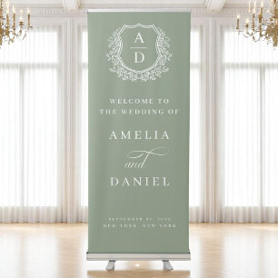 Elegant Monogram Crest Sage Green Wedding Welcome Retractable Banner