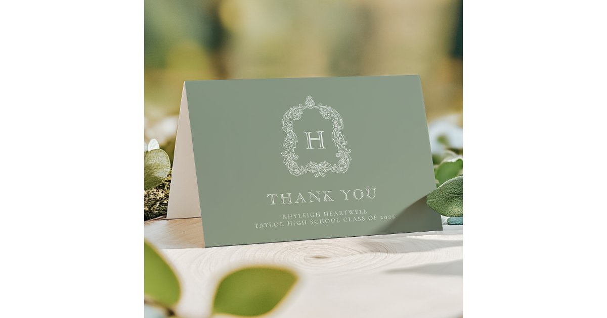 Elegant Monogram Crest Sage Green White Graduation Thank You Card | Zazzle
