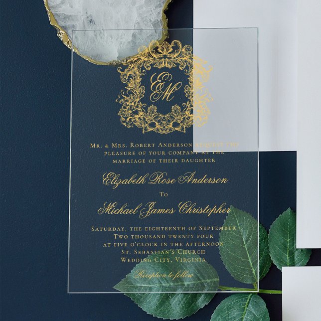 Elegant Monogram Crest Script Wedding Faux Gold Acrylic Invitations (Creator Uploaded)