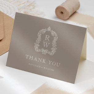 Elegant Monogram Crest Taupe Wedding Thank You Card