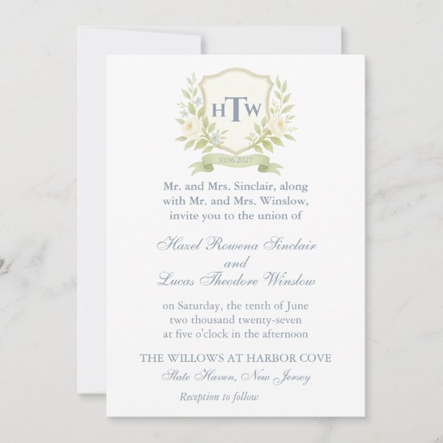 Elegant Monogram Crest Wedding Invitation (Front)