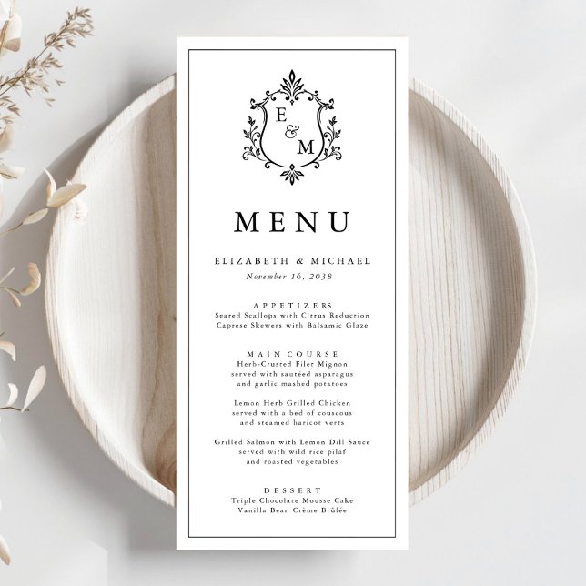 Elegant Monogram Crest Wedding Menu (Elegant Monogram Crest Wedding Menu)