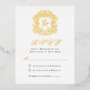 Elegant Monogram Crest Wedding RSVP Gold Foil Card