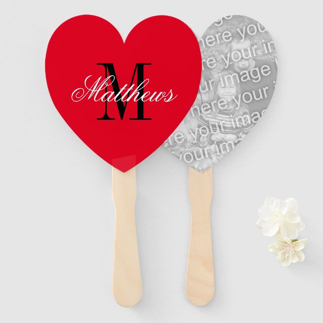 Elegant monogram custom heart shape wedding photo hand fan (Front and Back)