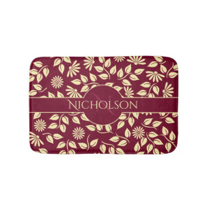 Elegant Monogram Custom Name Leaf Daisy Burgundy Bath Mat