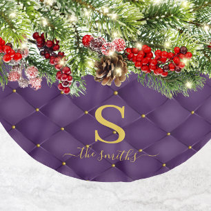 Elegant Monogram Custom Purple Gold Christmas Brushed Polyester Tree Skirt