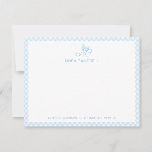 Elegant Monogram Cute Baby Blue Gingham Checks Card (Front)