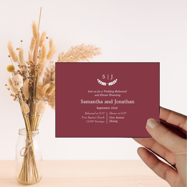 Elegant Monogram Dark Red  Jewel Tone Rehearsal  Invitation (Creator Uploaded)