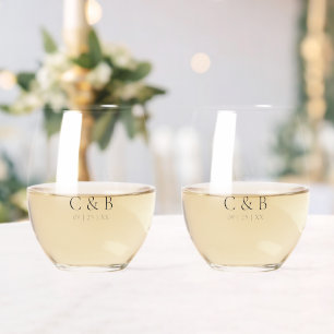 Elegant Monogram Date Wifey Hubby Stemless Wine Glass