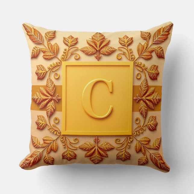 Elegant Monogram Designs with Gold Leaves Cushion (Front)