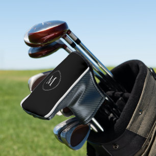 Elegant Monogram Dotted Border Black Golf Head Cover