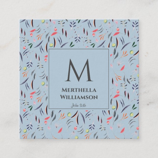 Elegant MONOGRAM Dusky Blue Floral Square Business Card (Front)
