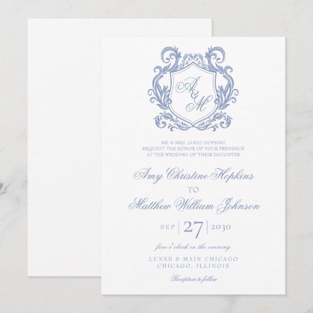 Elegant Monogram Dusty Blue Crest Wedding Invitation (Front/Back)