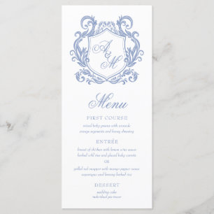 Elegant Monogram Dusty Blue Crest Wedding Menu