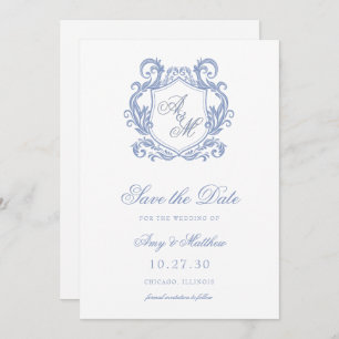 Elegant Monogram Dusty Blue Crest Wedding Save The Date