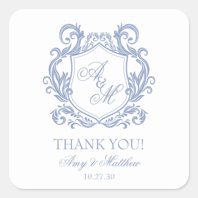 Elegant Monogram Dusty Blue Crest Wedding Square Sticker (Front)
