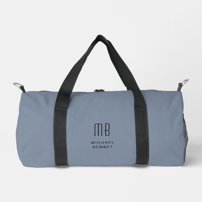 Elegant Monogram Dusty Blue Duffle Bag (Front)